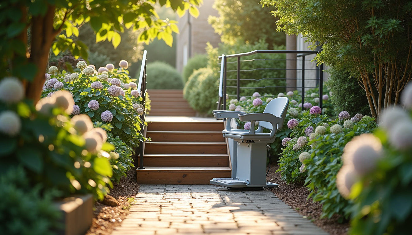 Monte-escalier extérieur installé dans un jardin en pente à Condé-sur-Sarthe