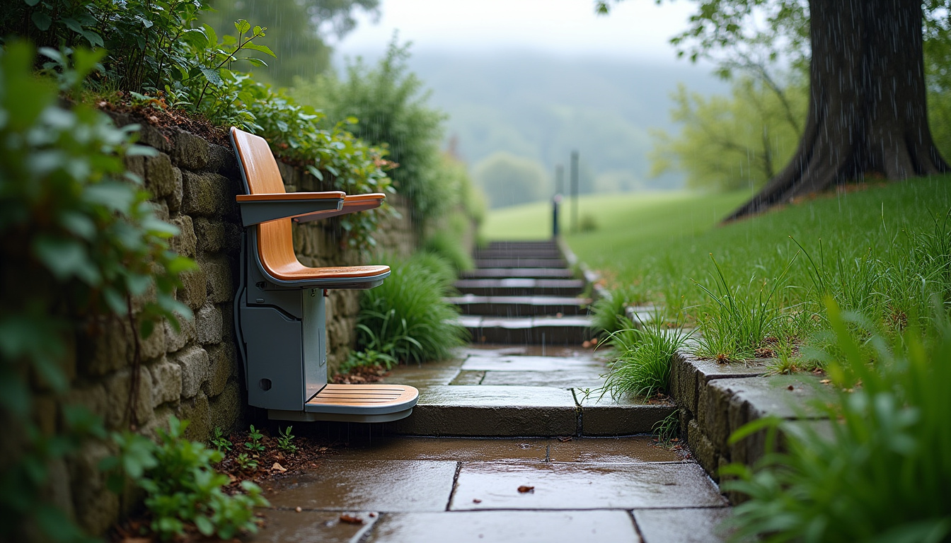 Monte-escalier extérieur installé dans un jardin en pente à Contrexéville, sous la pluie