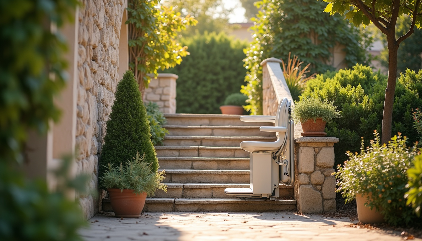 Monte-escalier extérieur installé dans une habitation à Fabrezan, en situation réelle d