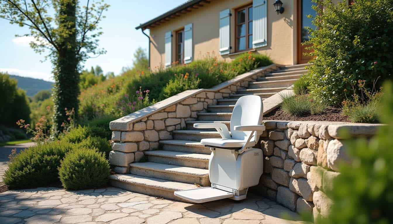 Monte-escalier extérieur installé dans une habitation à Rilly-la-Montagne, vue de jour avec escalier en pierre