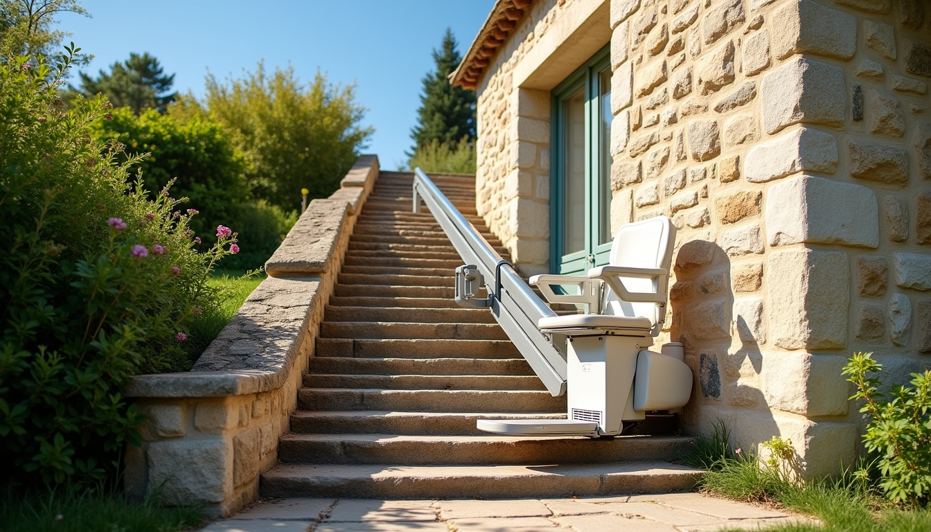 Monte-escalier extérieur installé dans une habitation de Le Grand-Lemps, visible par temps clair
