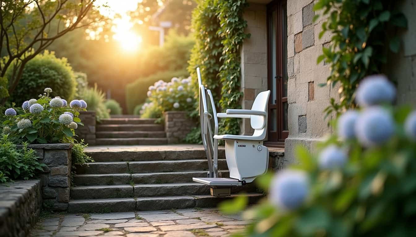 Monte-escalier extérieur installé dans une maison à Grand-Couronne, avec accès au jardin