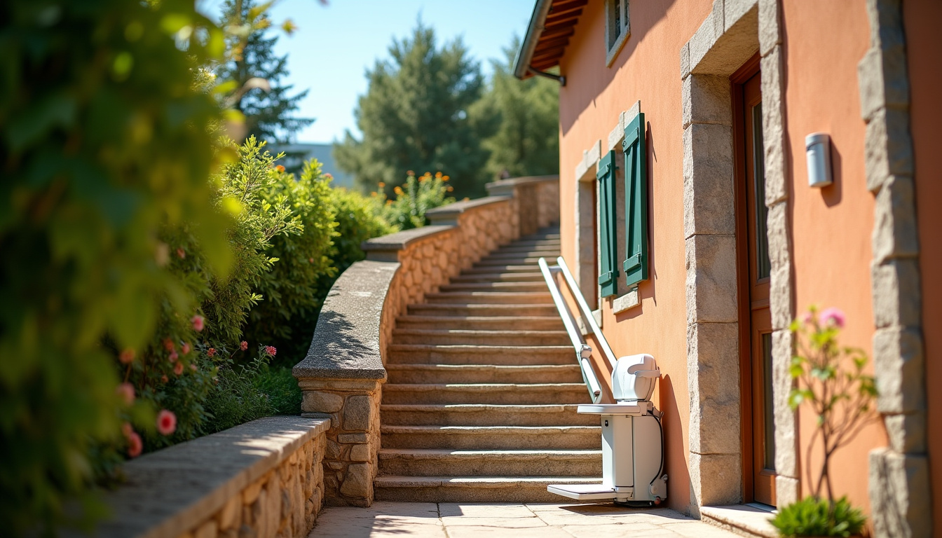 Monte-escalier extérieur installé dans une maison à Nogaro avec jardin en arrière-plan