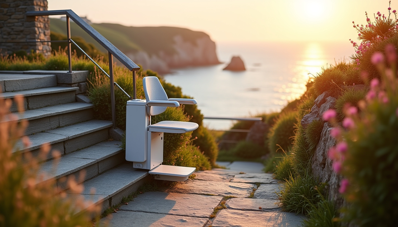 Monte-escalier extérieur installé dans une maison à Plounévez-Lochrist face à une terrasse en bord de mer