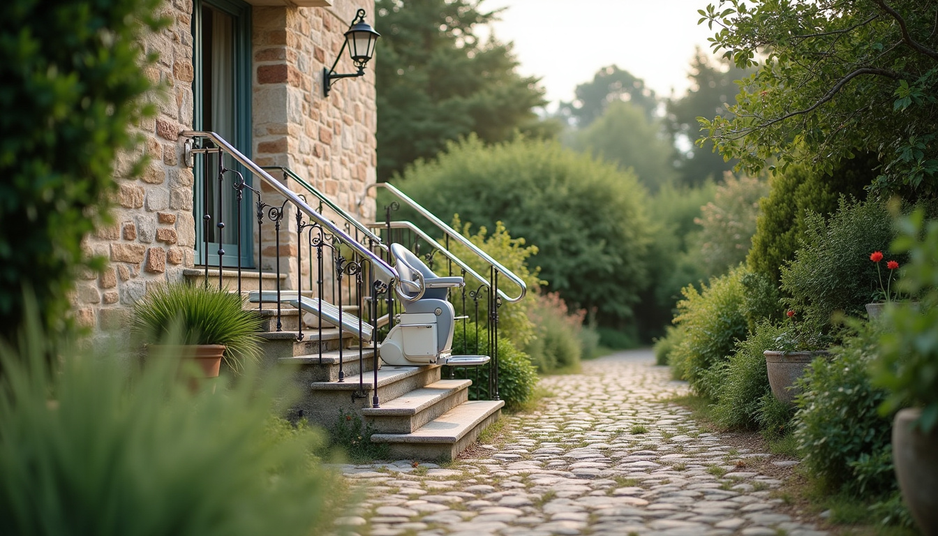 Monte-escalier extérieur installé dans une maison à Tercé, en région Nouvelle-Aquitaine