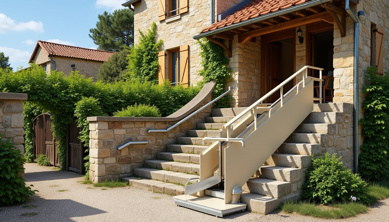 Monte-escalier extérieur installé dans une maison traditionnelle de Captieux, vue de jour
