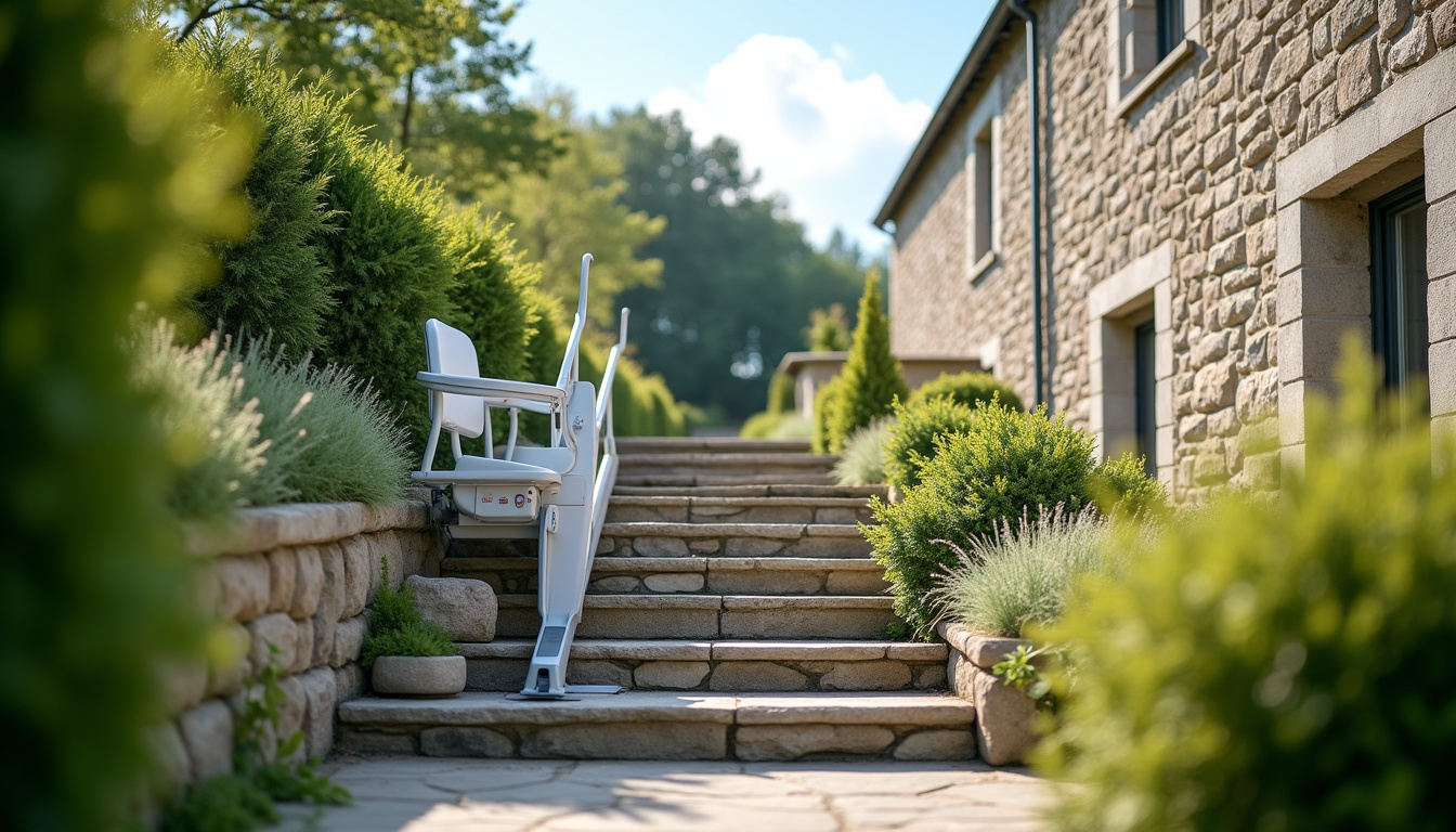 Monte-escalier extérieur installé dans une propriété à Poullaouen, en milieu rural breton
