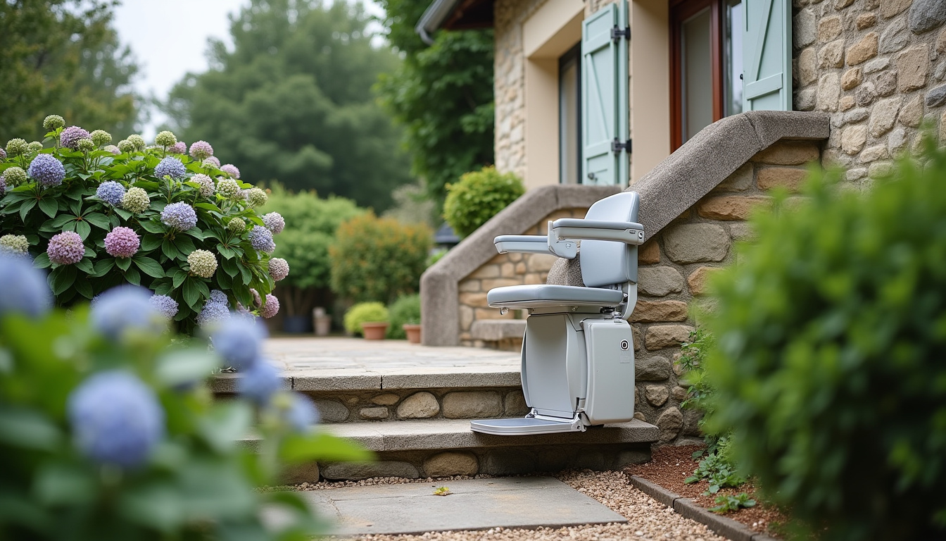 Monte-escalier extérieur installé dans une propriété à Sassenay, résistant aux intempéries