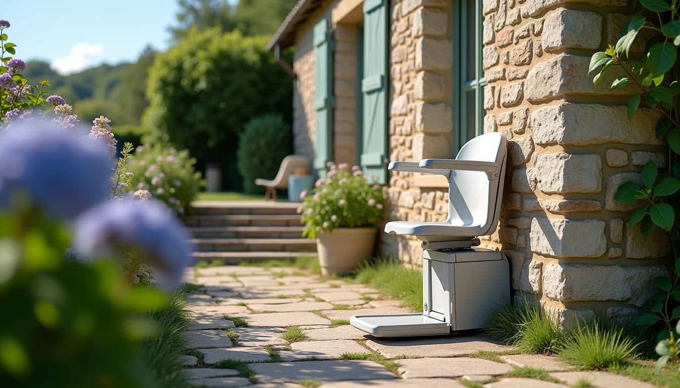Monte-escalier extérieur installé devant une maison à Nérondes