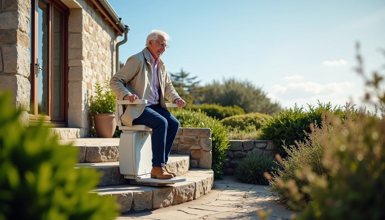Monte-escalier extérieur installé devant une maison à Pleumeur-Bodou
