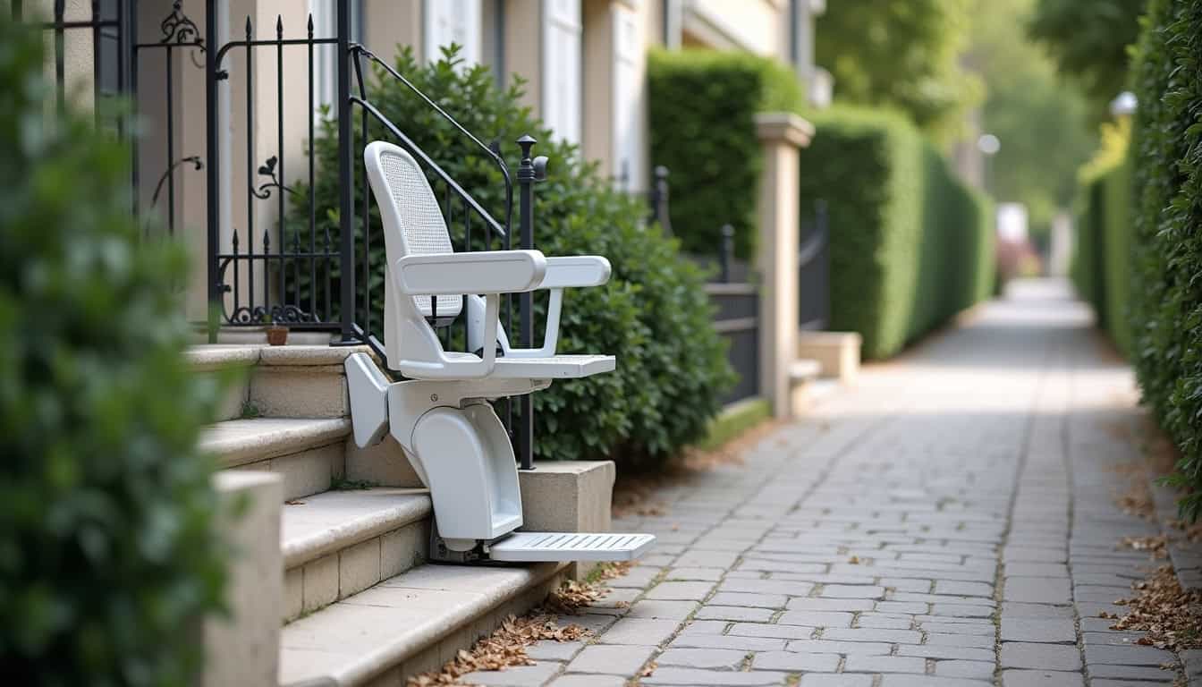 Monte-escalier extérieur installé devant une maison à Pompignac, en milieu urbain résidentiel