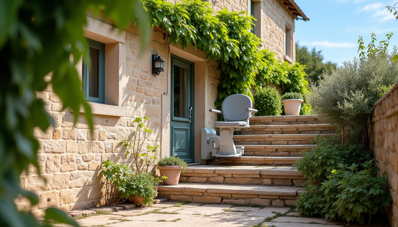 Monte-escalier extérieur installé devant une maison à Servian, résistant aux intempéries
