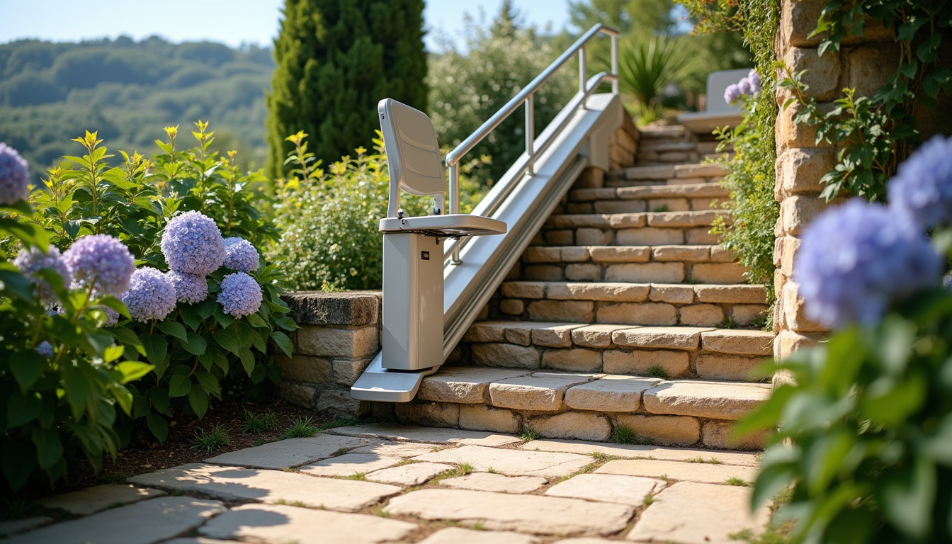 Monte-escalier extérieur installé sur un escalier de jardin en pierre