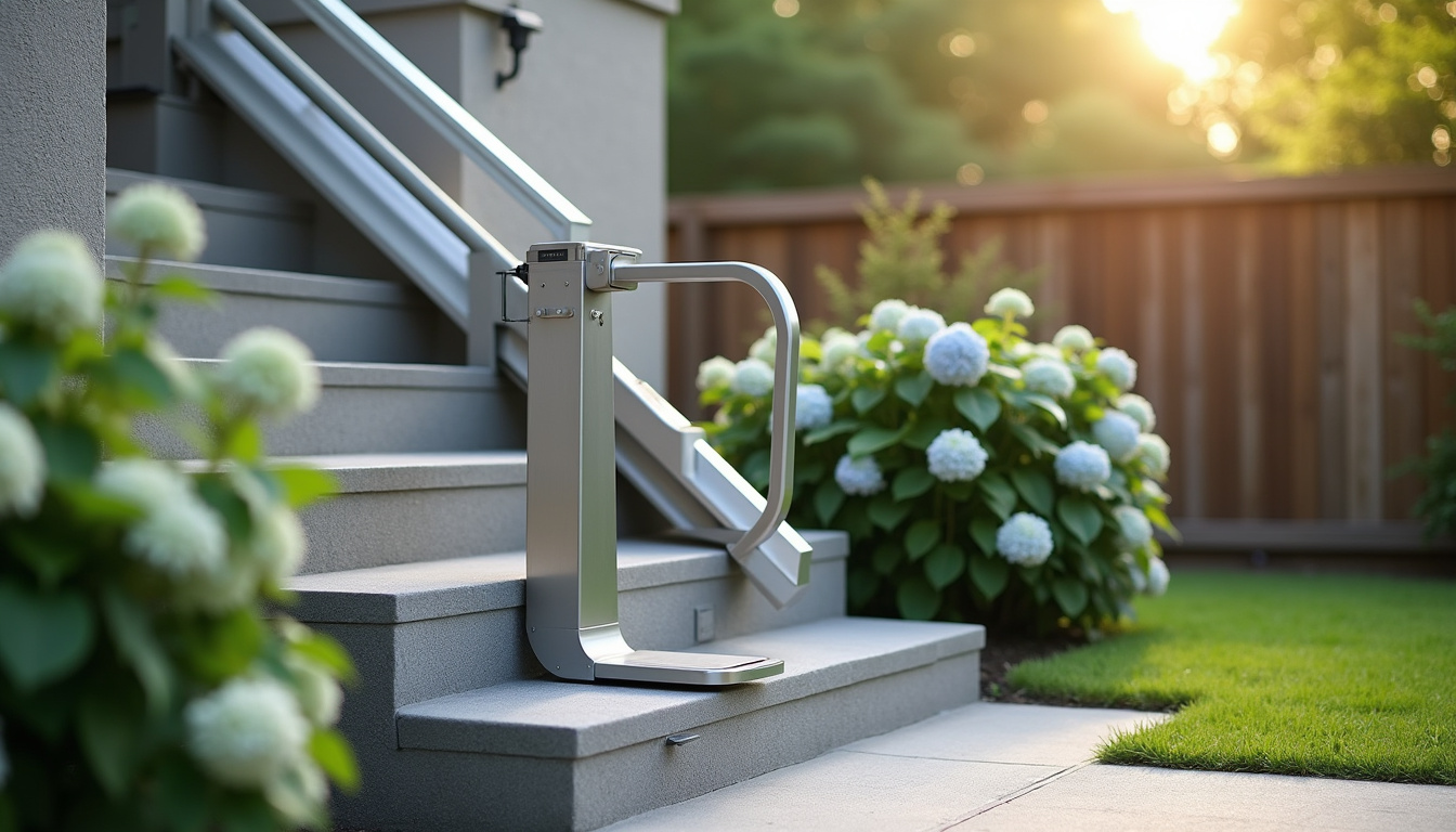 Monte-escalier extérieur installé sur un escalier en béton extérieur
