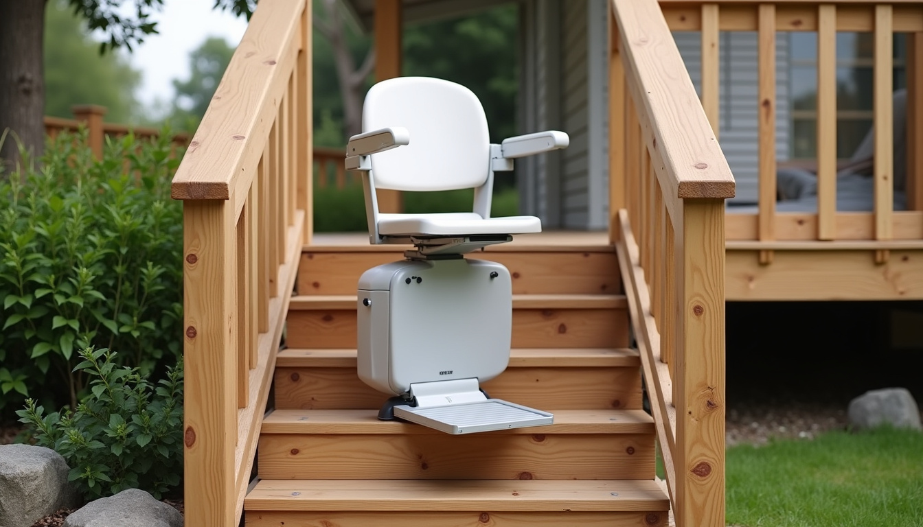 Monte-escalier extérieur installé sur un escalier en bois menant à une terrasse, avec protection contre les intempéries
