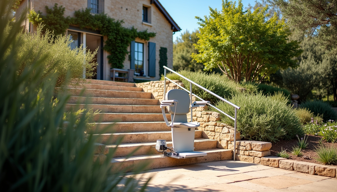 Monte-escalier extérieur installé sur un escalier en pente à Valence-sur-Baïse