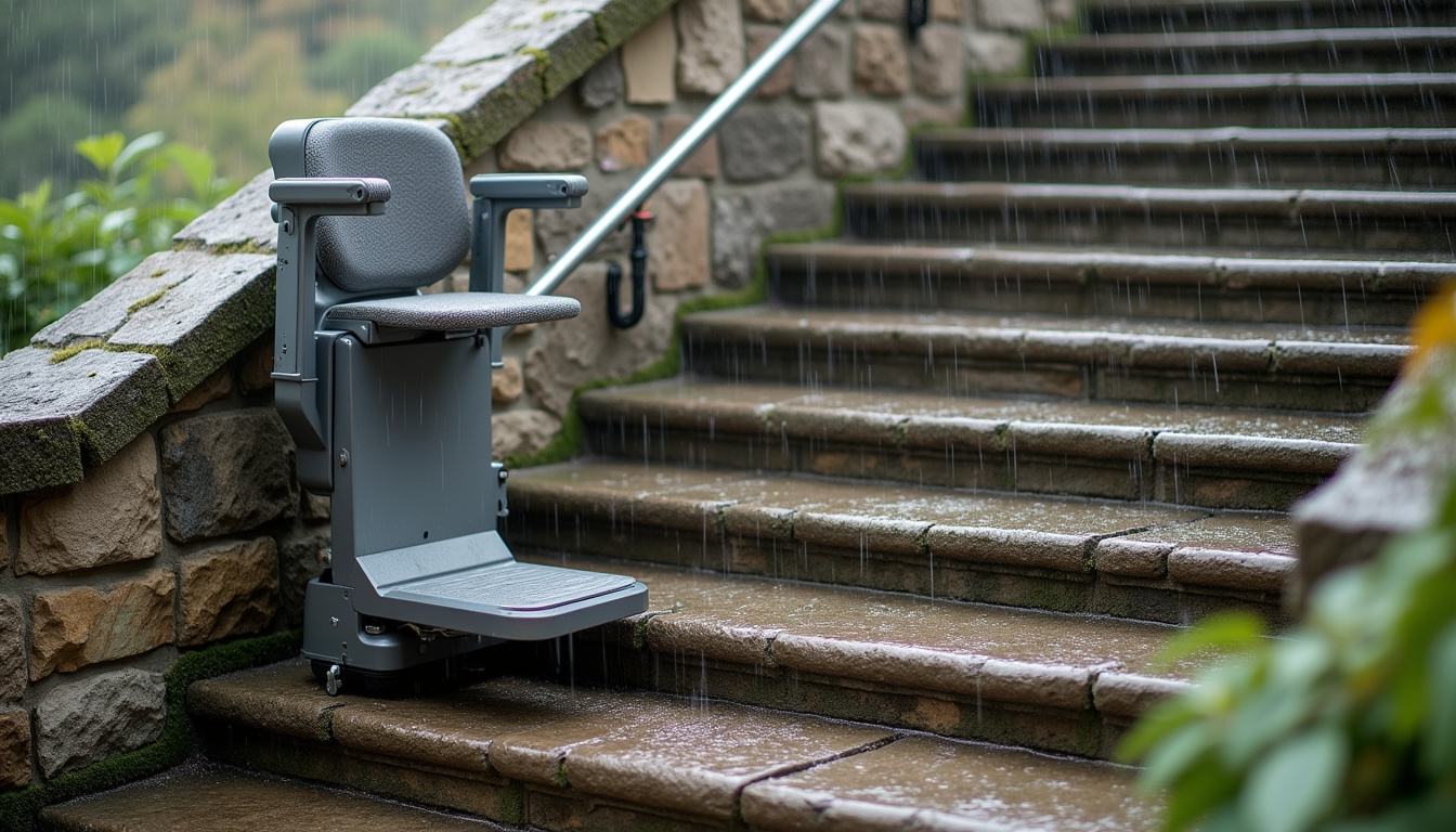 Monte-escalier extérieur installé sur un escalier en pierre à Bertholène, en conditions pluvieuses
