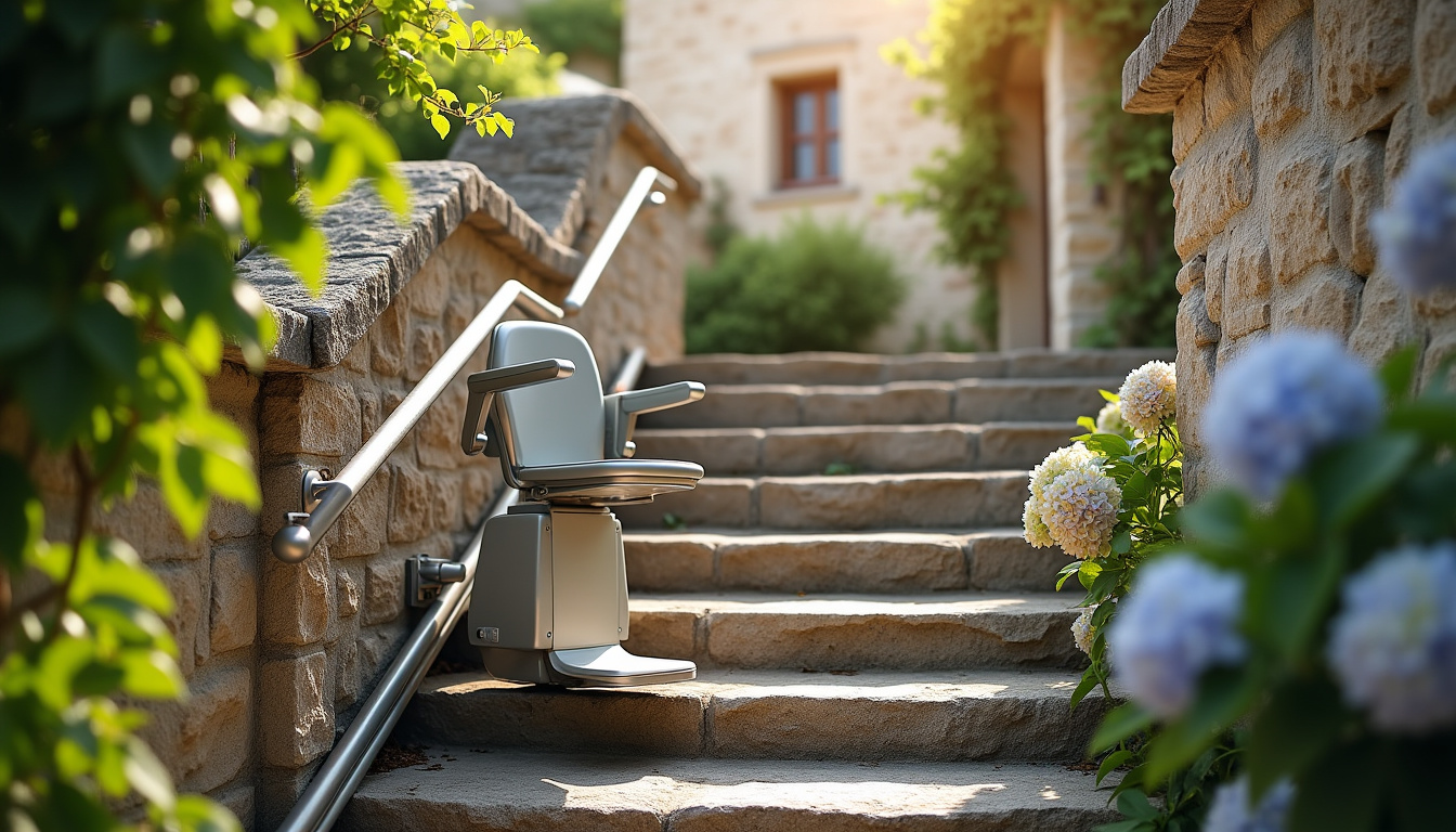 Monte-escalier extérieur installé sur un escalier en pierre à Marseille-en-Beauvaisis