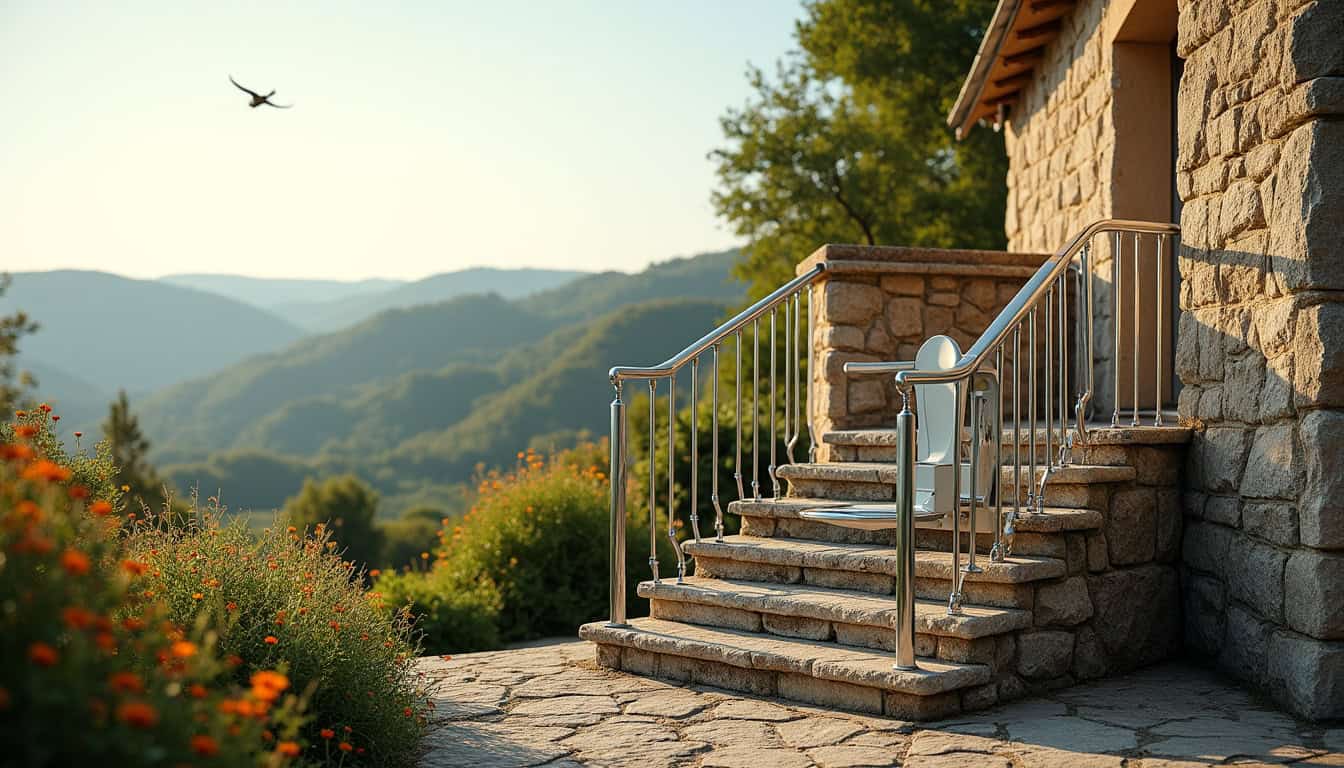 Monte-escalier extérieur installé sur un escalier en pierre à Orgerus, en milieu rural