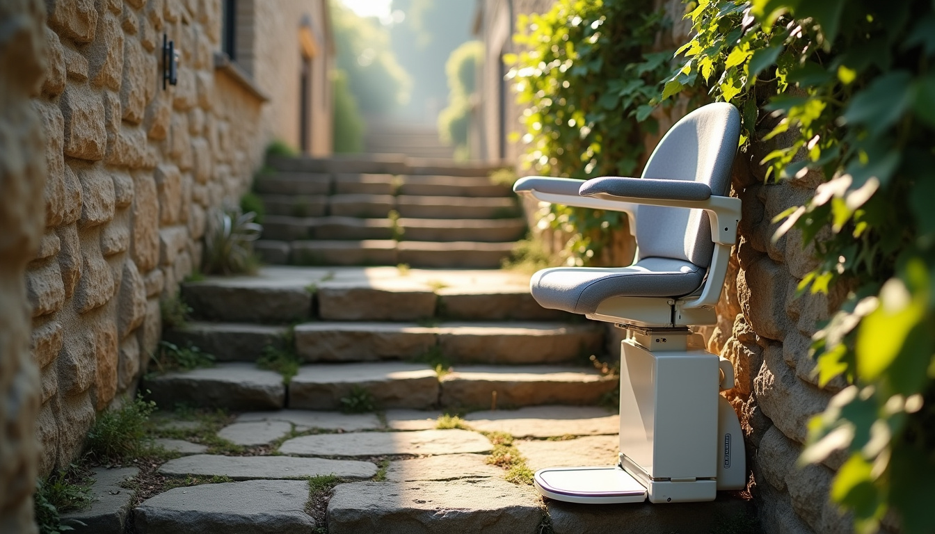 Monte-escalier extérieur installé sur un escalier en pierre à Saint-Just, avec siège pliable et protection anti-intempéries