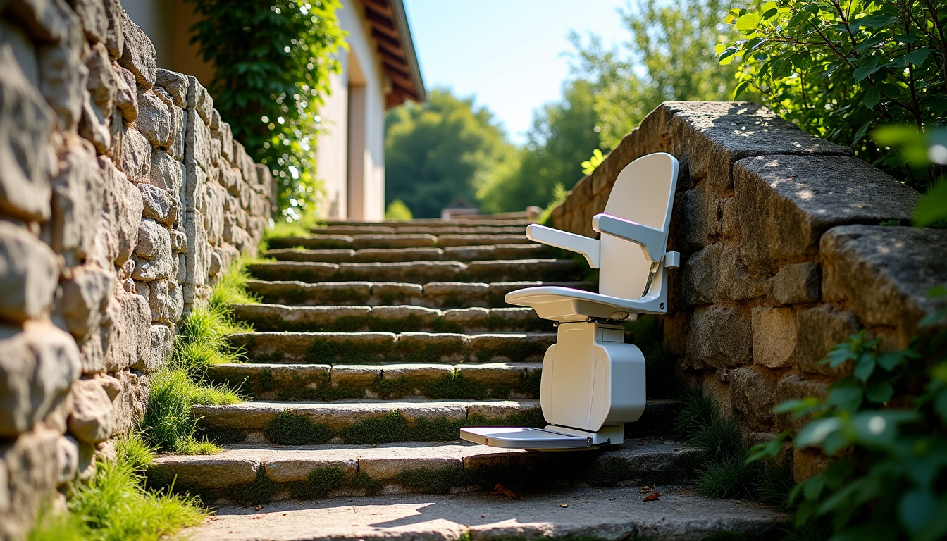 Monte-escalier extérieur installé sur un escalier en pierre à Saint-Morillon, en milieu rural