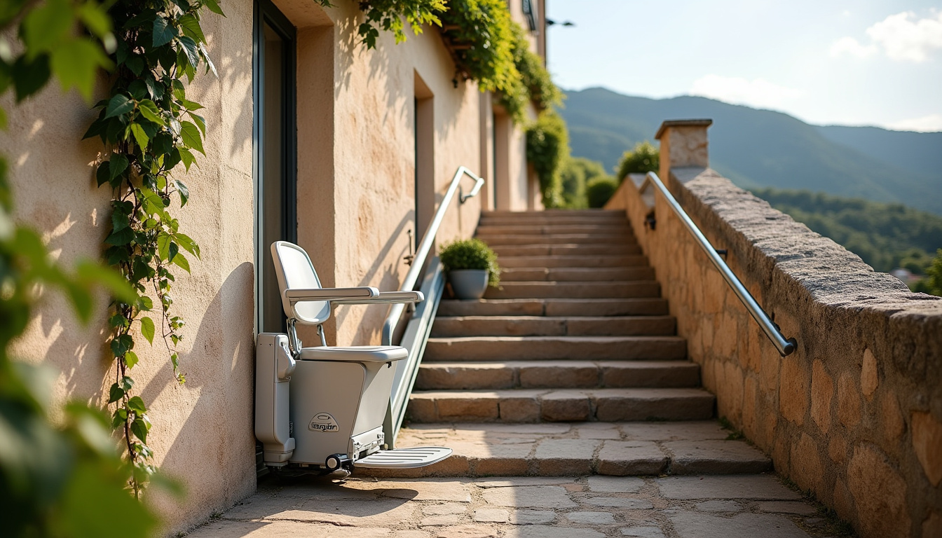 Monte-escalier extérieur installé sur un escalier en pierre à Saint-Saturnin-lès-Avignon