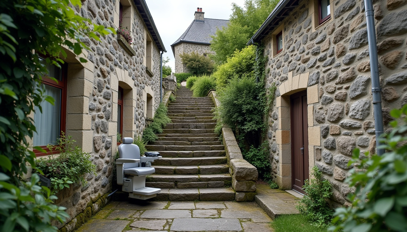 Monte-escalier extérieur installé sur un escalier en pierre à Taupont