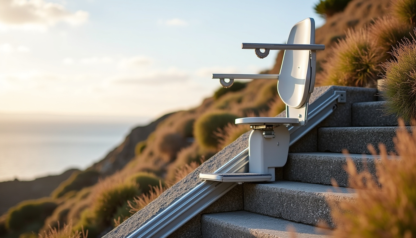 Monte escalier extérieur installé sur un escalier en pierre à Trégastel