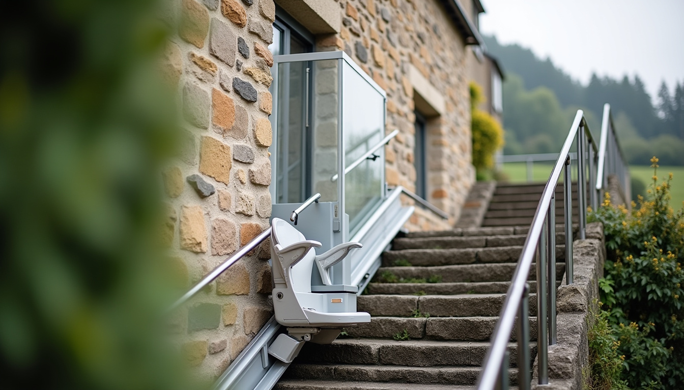 Monte-escalier extérieur installé sur un escalier en pierre à Tremblay-les-Villages, protégé par un capot étanche et équipé d