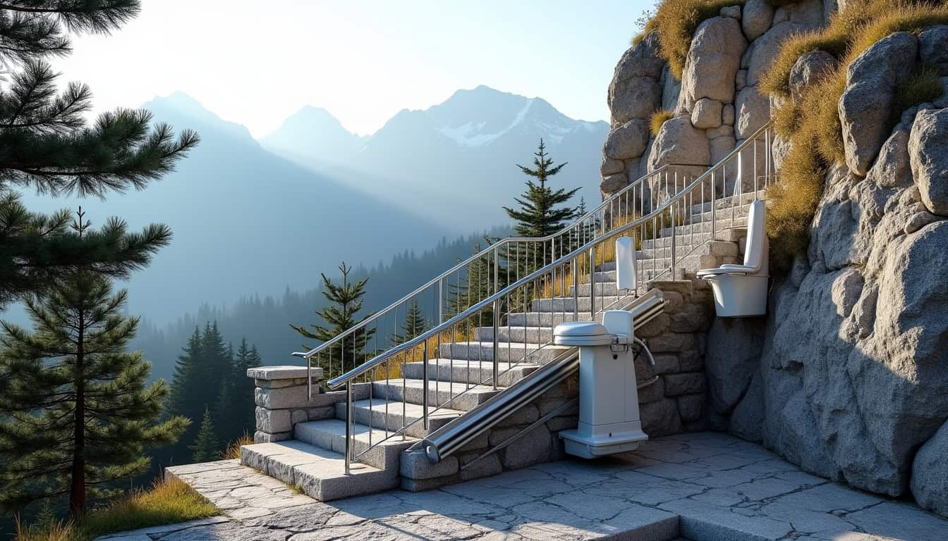 Monte-escalier extérieur installé sur un escalier en pierre à Ventiseri, en milieu montagneux