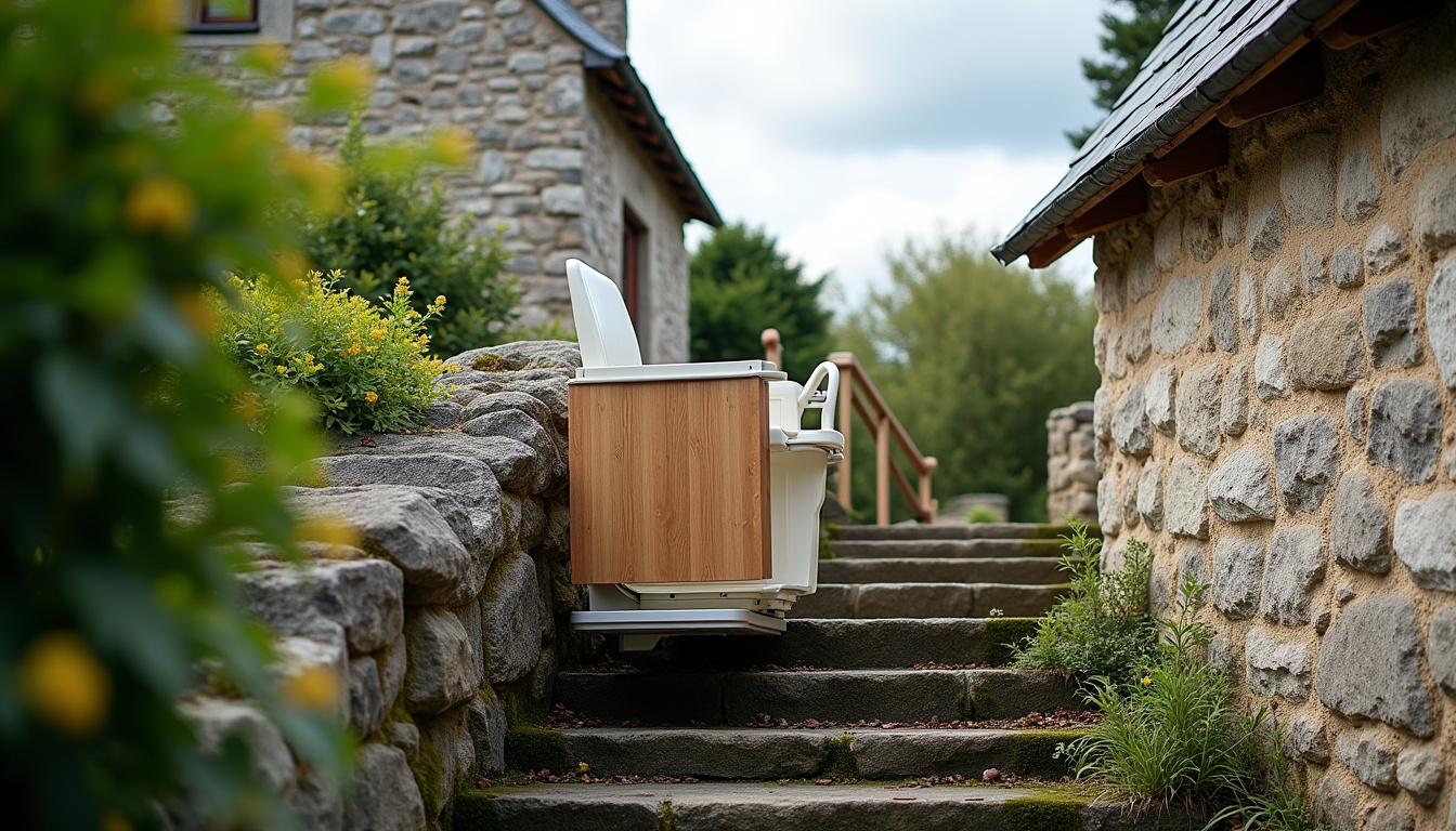 Monte-escalier extérieur installé sur un escalier en pierre breton, avec panneaux de protection latéraux et siège repliable