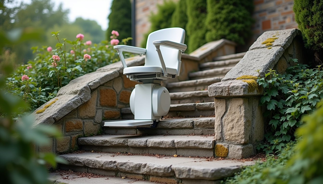 Monte-escalier extérieur installé sur un escalier extérieur en pierre, résistant aux intempéries