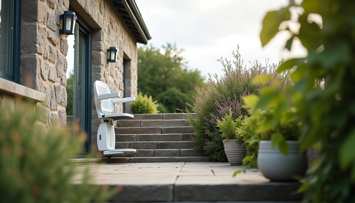 Monte-escalier extérieur installé sur un escalier menant au jardin dans une propriété de Ploubezre