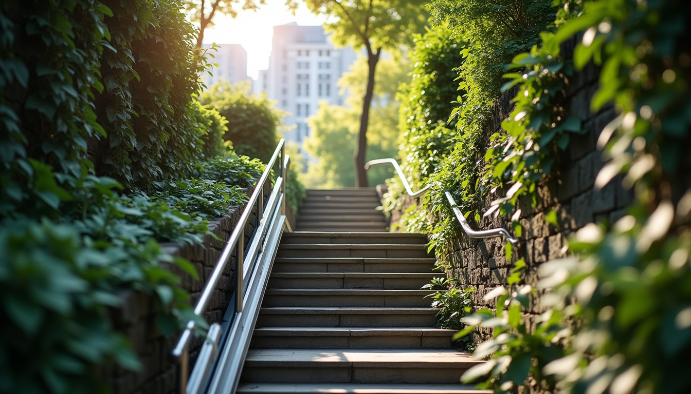 Monte-escalier extérieur installé sur un escalier menant au jardin, en milieu urbain