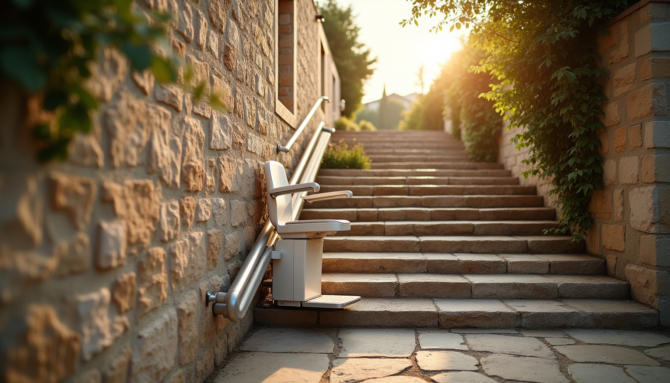 Monte-escalier extérieur installé sur un perron à Montferrat, avec un rail fixé près du mur et un siège replié