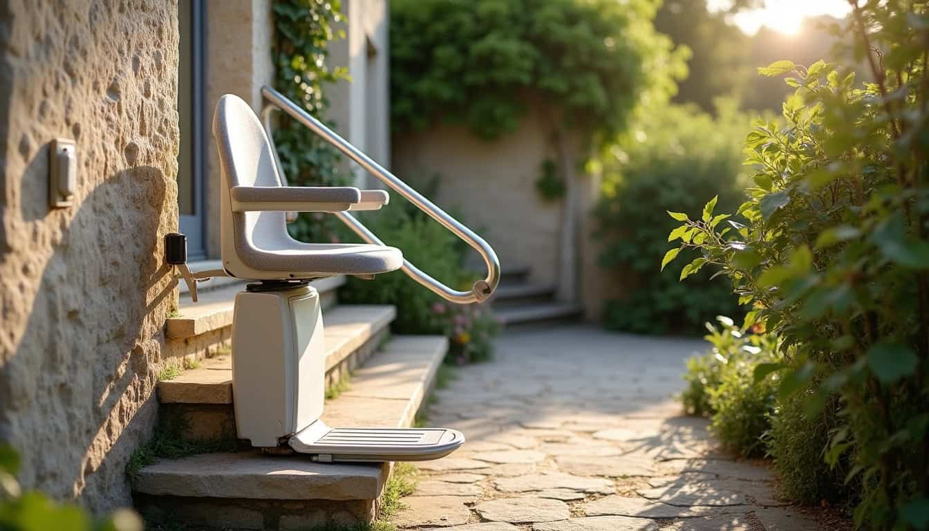 Monte-escalier extérieur installé sur un perron à Saint-Sulpice-et-Cameyrac