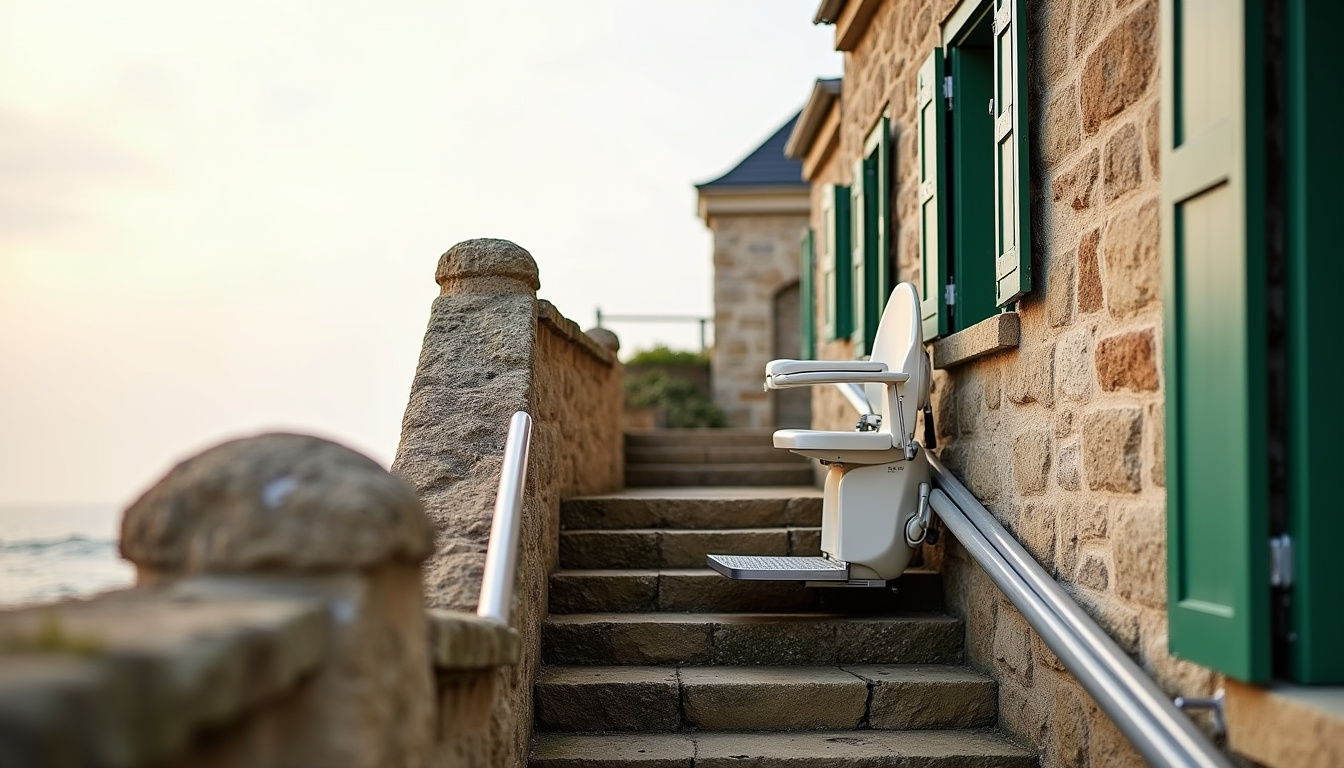 Monte-escalier extérieur installé sur un perron à Tourneville-sur-Mer