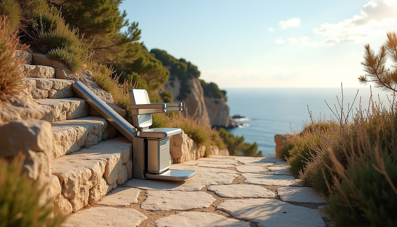 Monte-escalier extérieur installé sur un perron à Zonza, en Corse-du-Sud, résistant aux intempéries