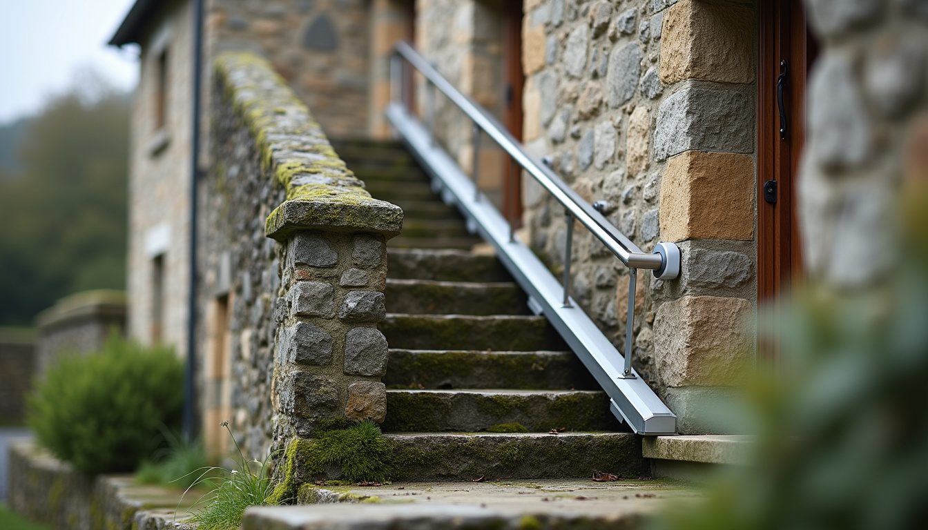Monte-escalier extérieur installé sur un perron en pierre à Pont-Croix, résistant aux intempéries bretonnes