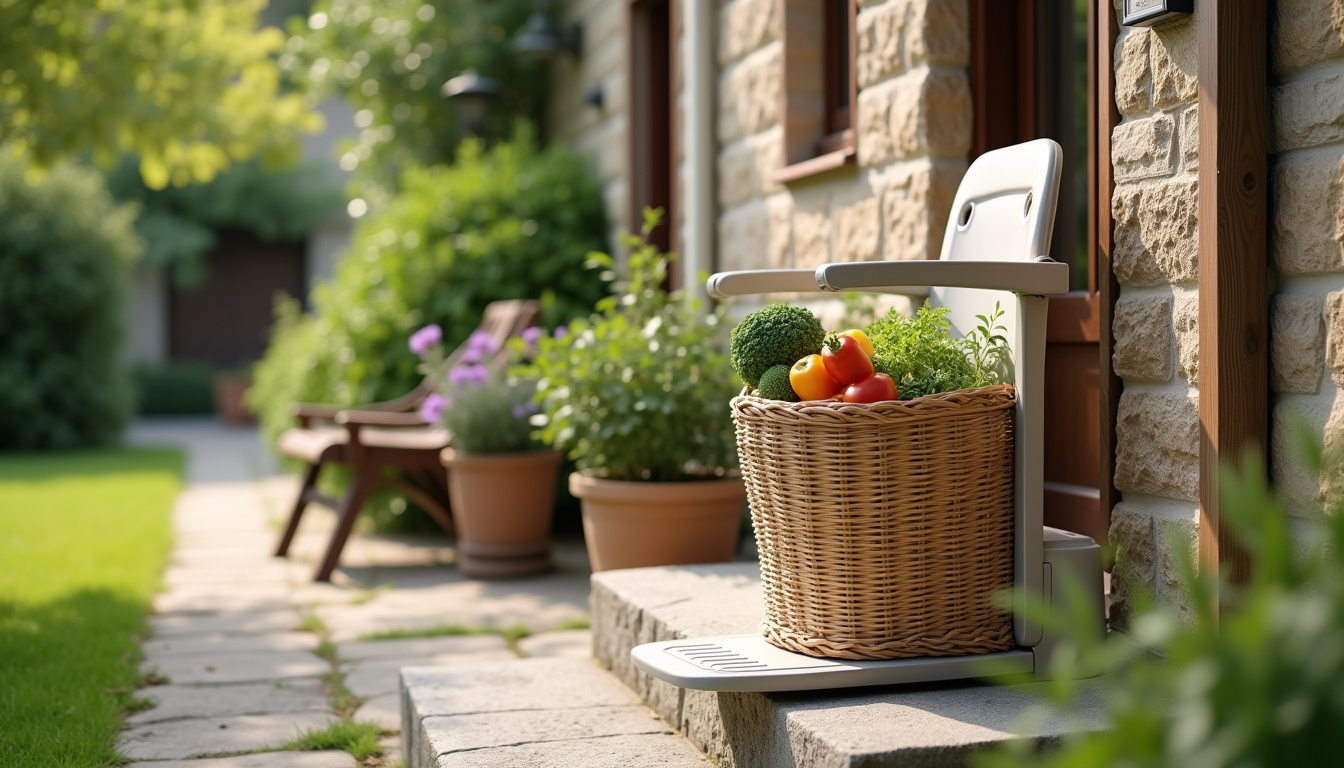 Monte-escalier extérieur installé sur un perron en pierre à Souffelweyersheim, avec un panier de légumes posé sur le siège