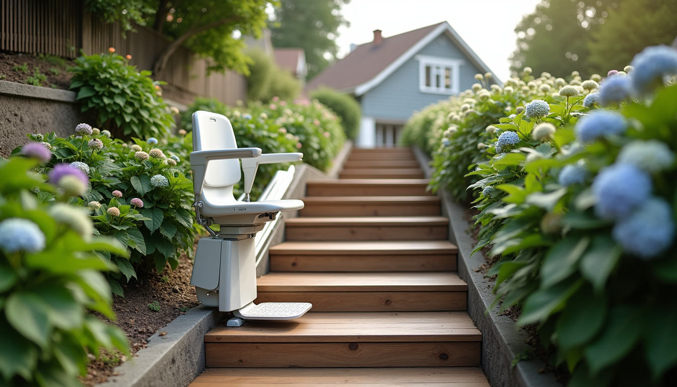 Monte-escalier extérieur installé sur une pente menant au jardin d