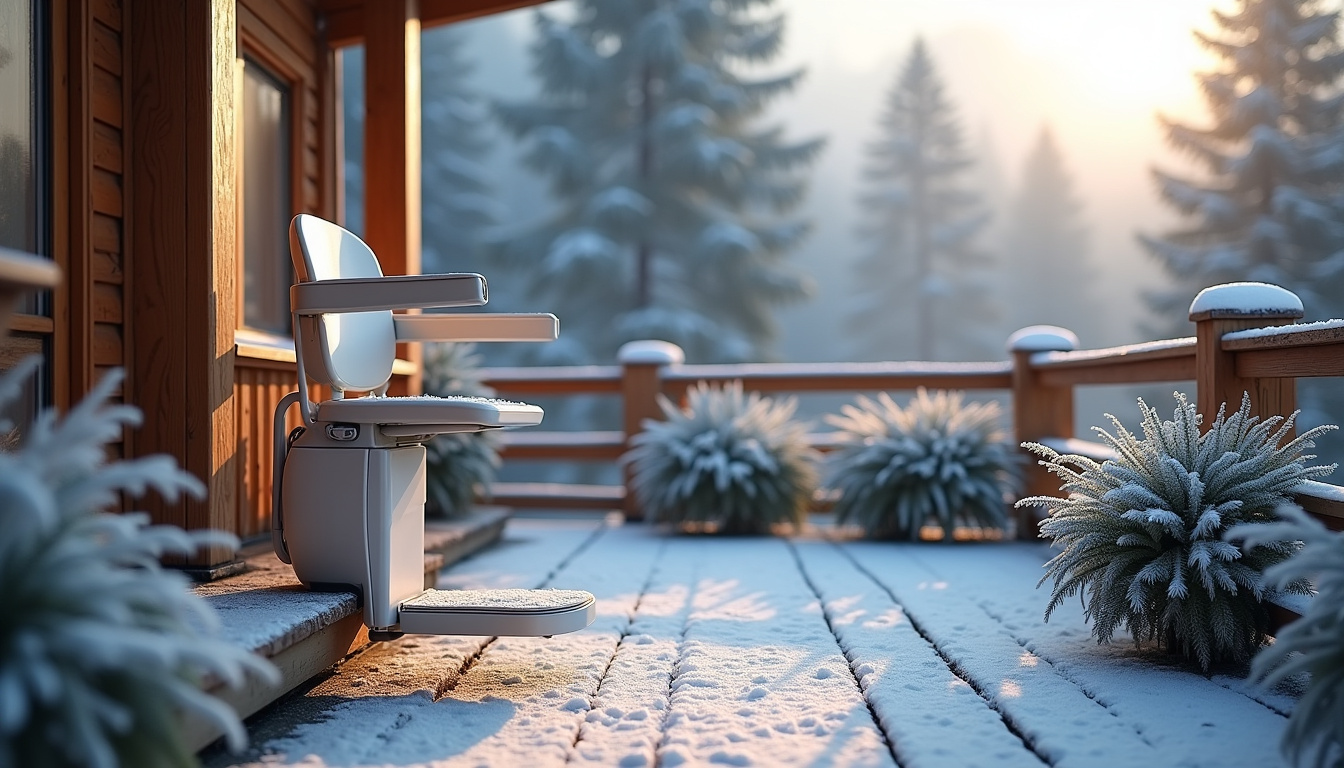 Monte-escalier extérieur installé sur une terrasse à Laroque, en conditions hivernales