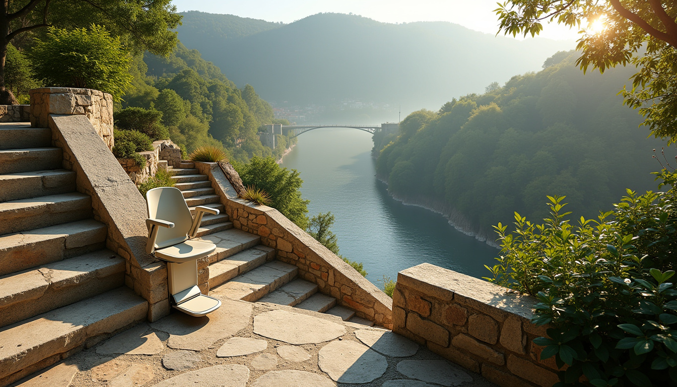 Monte-escalier extérieur installé sur une volée de marches en pierre à Chavanay, entre Rhône et collines