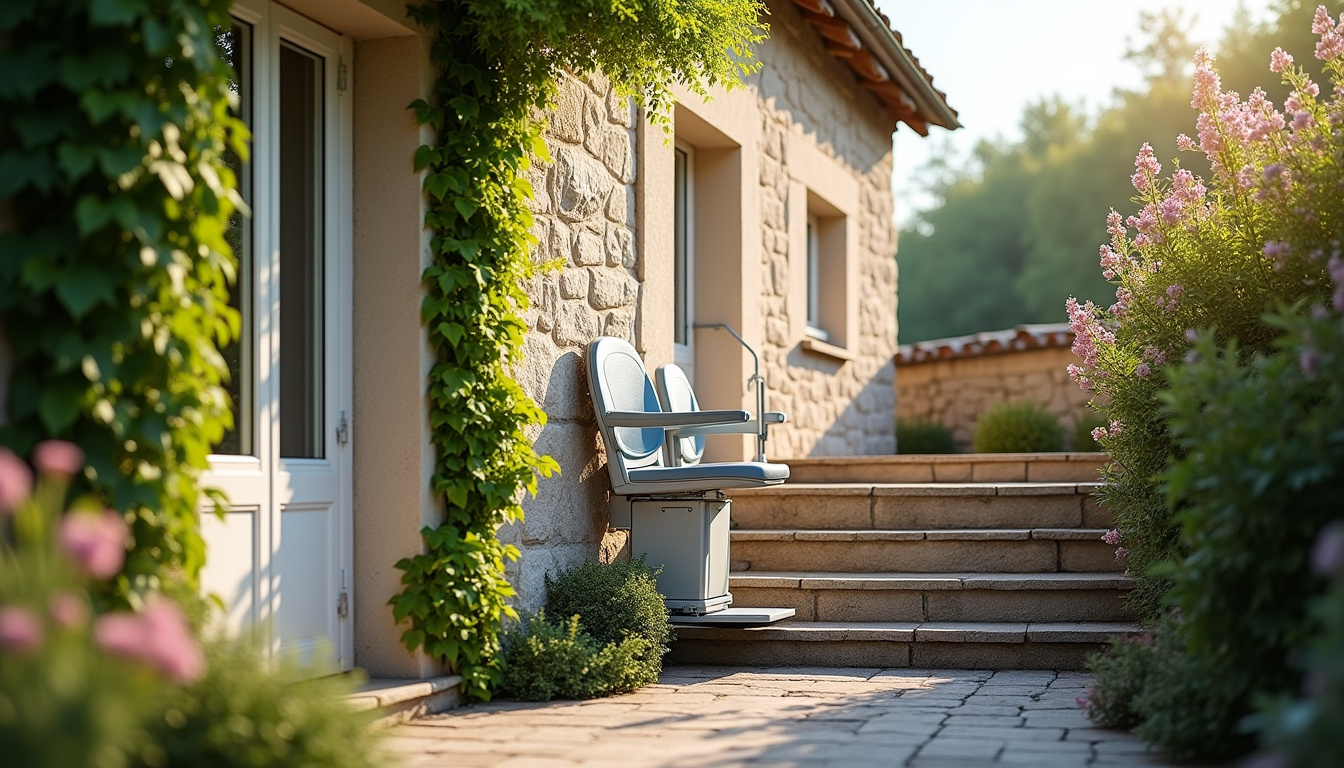 Monte-escalier installé à l’extérieur d’une maison à Levroux, conçu pour résister aux intempéries et permettre l’accès à un étage supérieur sans effort