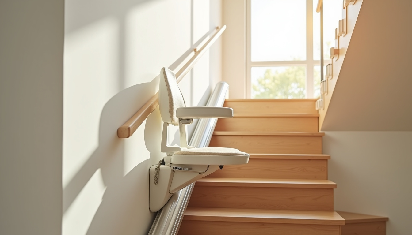 Monte-escalier installé à l’intérieur d’une maison à Champcueil, vue sur un escalier droit avec fauteuil en position repliée