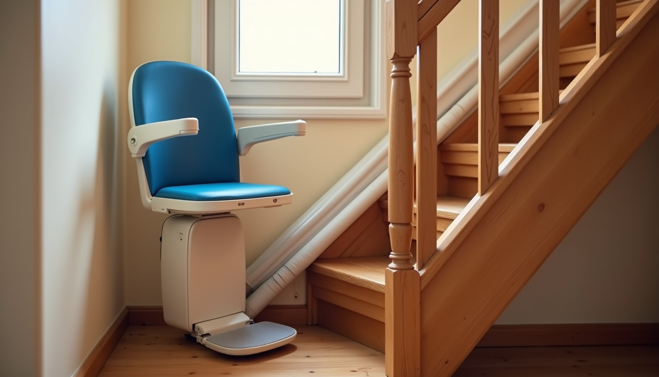 Monte-escalier installé à l’intérieur d’une maison à Montcaret, escalier en bois avec siège bleu
