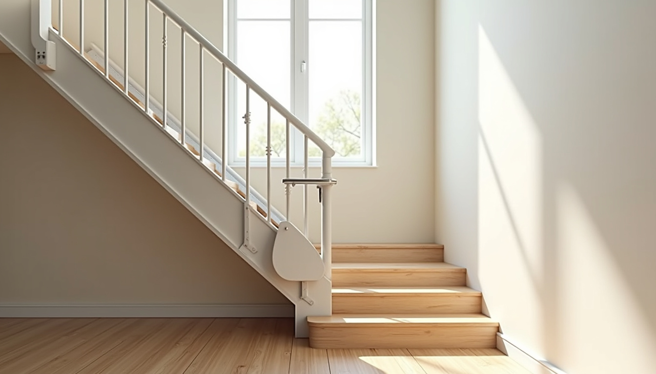 Monte-escalier installé dans un escalier intérieur à Aurseulles, avec un siège ergonomique et un rail droit