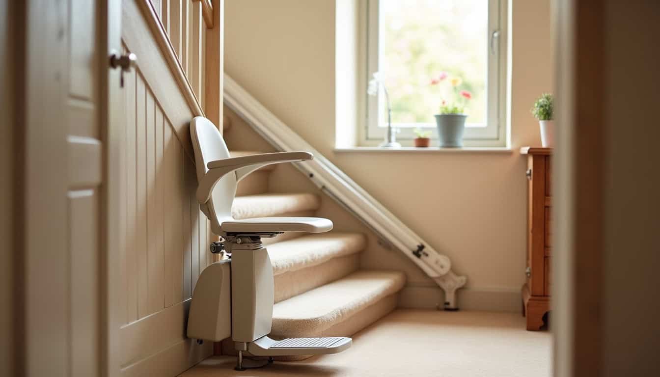 Monte-escalier installé dans un escalier intérieur de maison à Saint-Amé