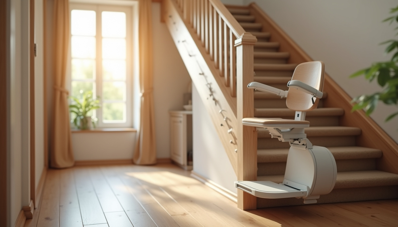 Monte-escalier installé dans un escalier intérieur de maison à Villeneuve-en-Perseigne