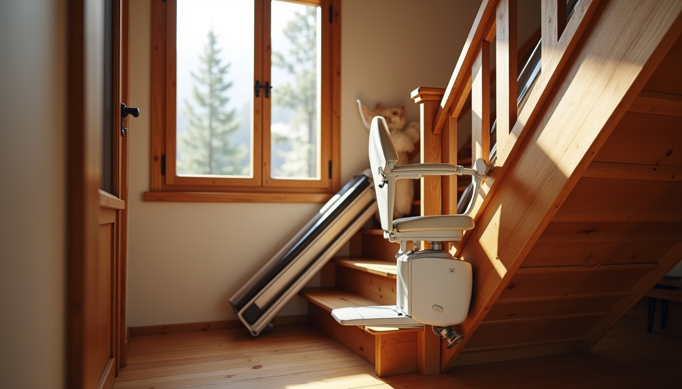 Monte-escalier installé dans un escalier intérieur en bois à Saint-Martin-de-Queyrières